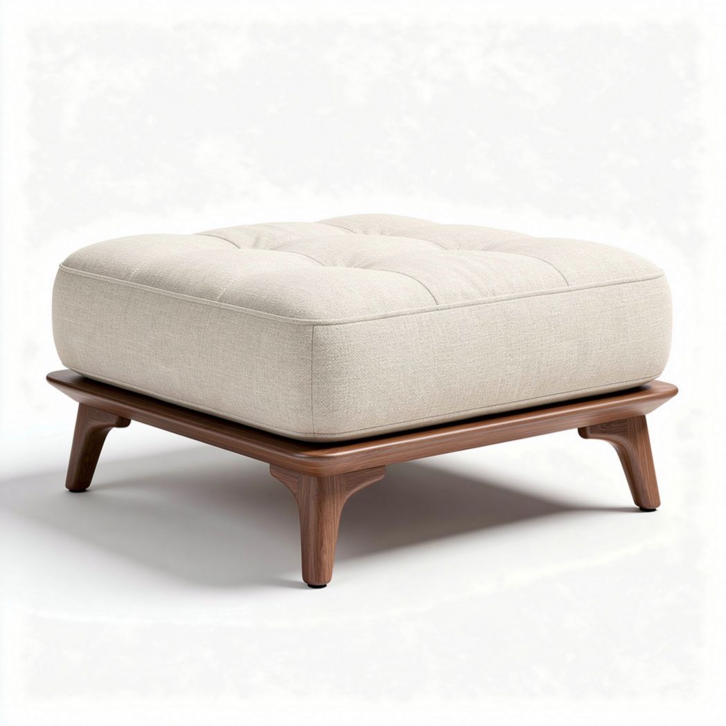 Pouf en tissu beige avec base en bois dimensions 80 x 80 x 30cm