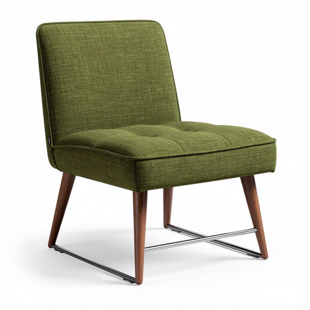 Fauteuil en tissu vert avec structure en métal et dimensions de 75 x 70 x 85cm