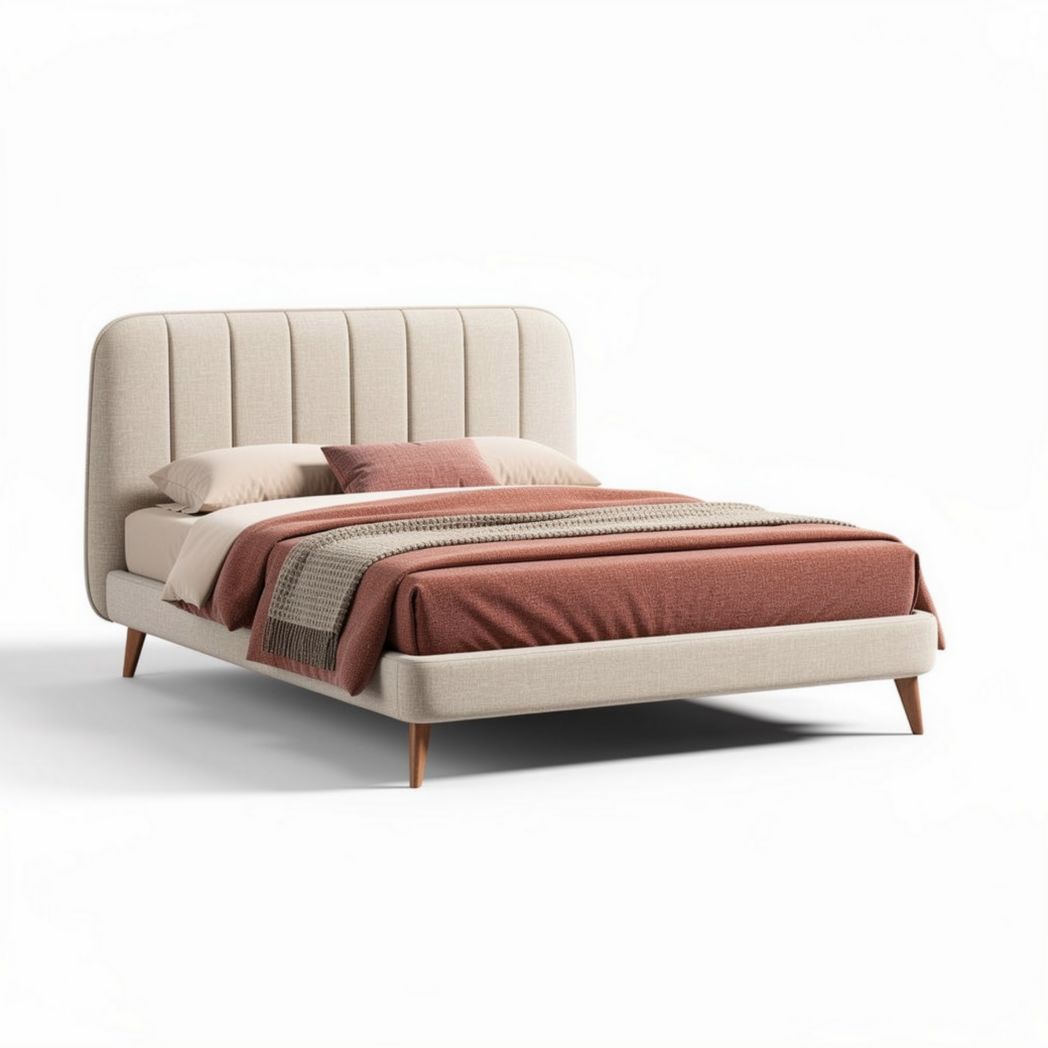 Lit en tissu beige avec tête de lit rembourrée dimensions 200 x 160 x 100cm