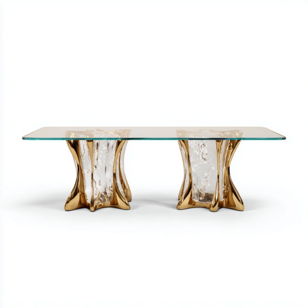 Table basse géométrique en verre et métal doré 150 x 80 x 75cm