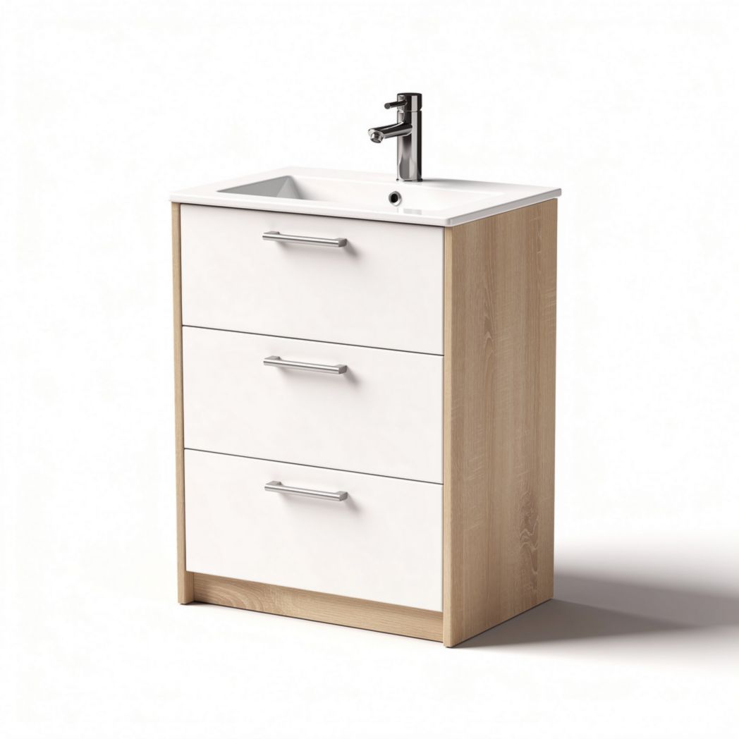 Meuble sous lavabo en bois avec trois tiroirs et robinet chrome 70 x 50 x 85cm