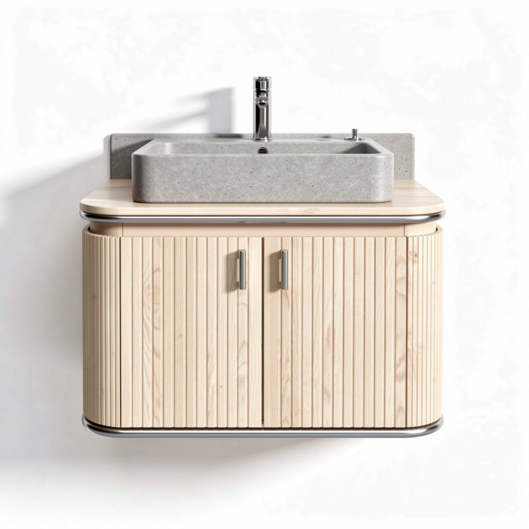 Meuble de salle de bain en bois clair avec lavabo en béton 80 x 50 x 60cm