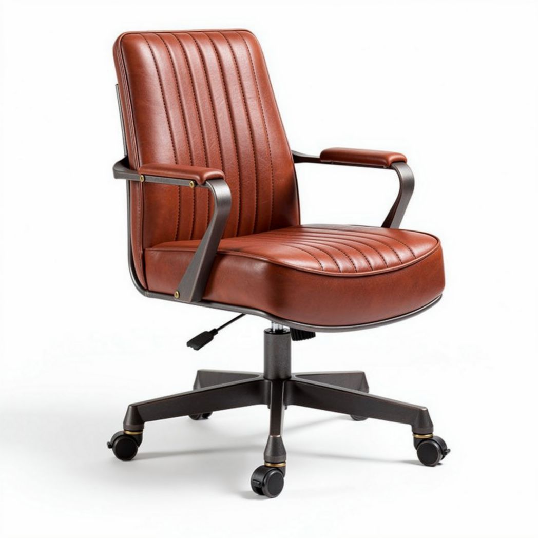 Chaise de bureau en cuir synthétique brun avec roulettes et accoudoirs 60 x 60 x 100cm