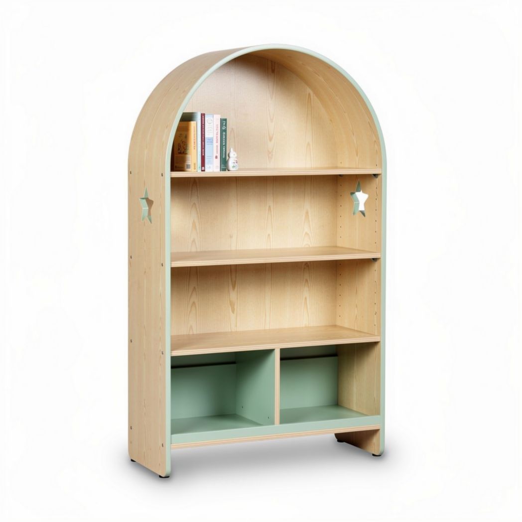 Bibliothèque en bois naturel avec rangements et design arrondi 80 x 30 x 150cm