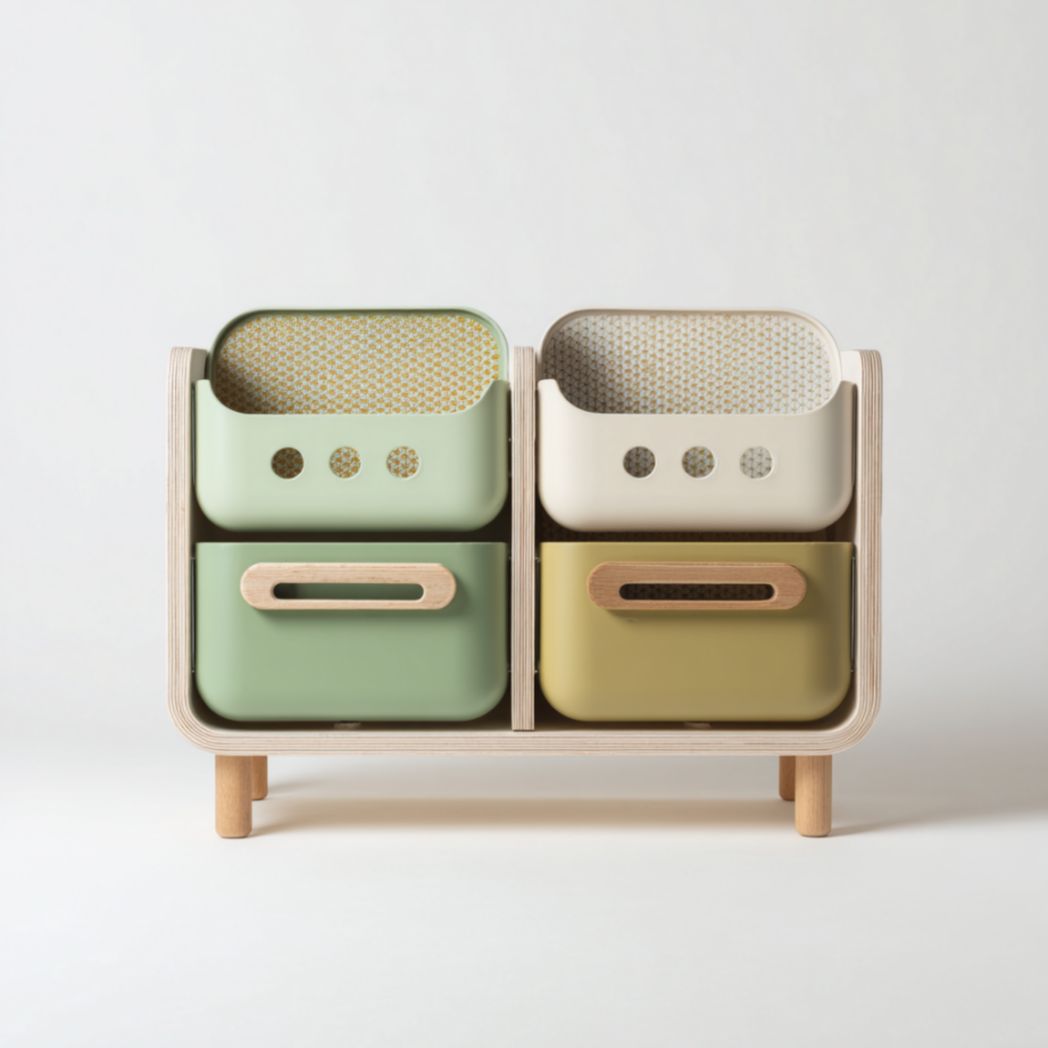 Rangement en bois avec 4 bacs en plastique de couleur rouge et vert 40 x 30 x 30cm